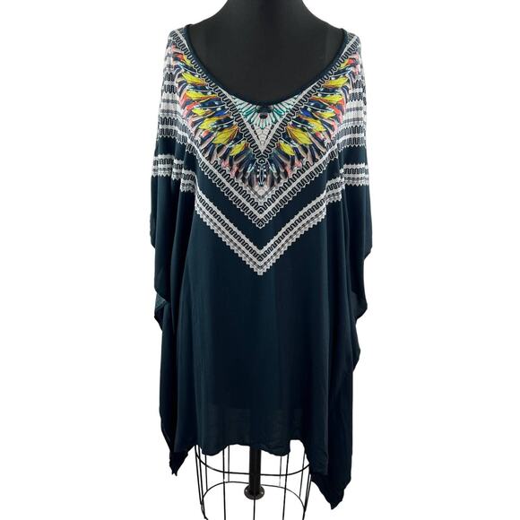 RED CARTER Black M/L Swim Cover Up Tunic Top Boho Peacock Scoop Neck 3/4 Sleeves - Picture 1 of 10